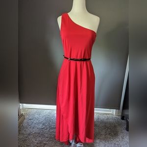 Kate Young, red, one shoulder, asymmetrical hem, gown with belt (sz 6)